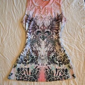 Y2k affliction style Vibrant Pink Graphic Tank Top with Wing Design